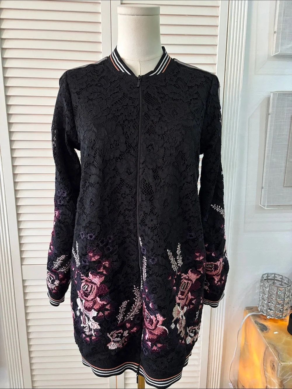 Black Floral Lace Bomber Jacket with Pink Embroidery - Women
